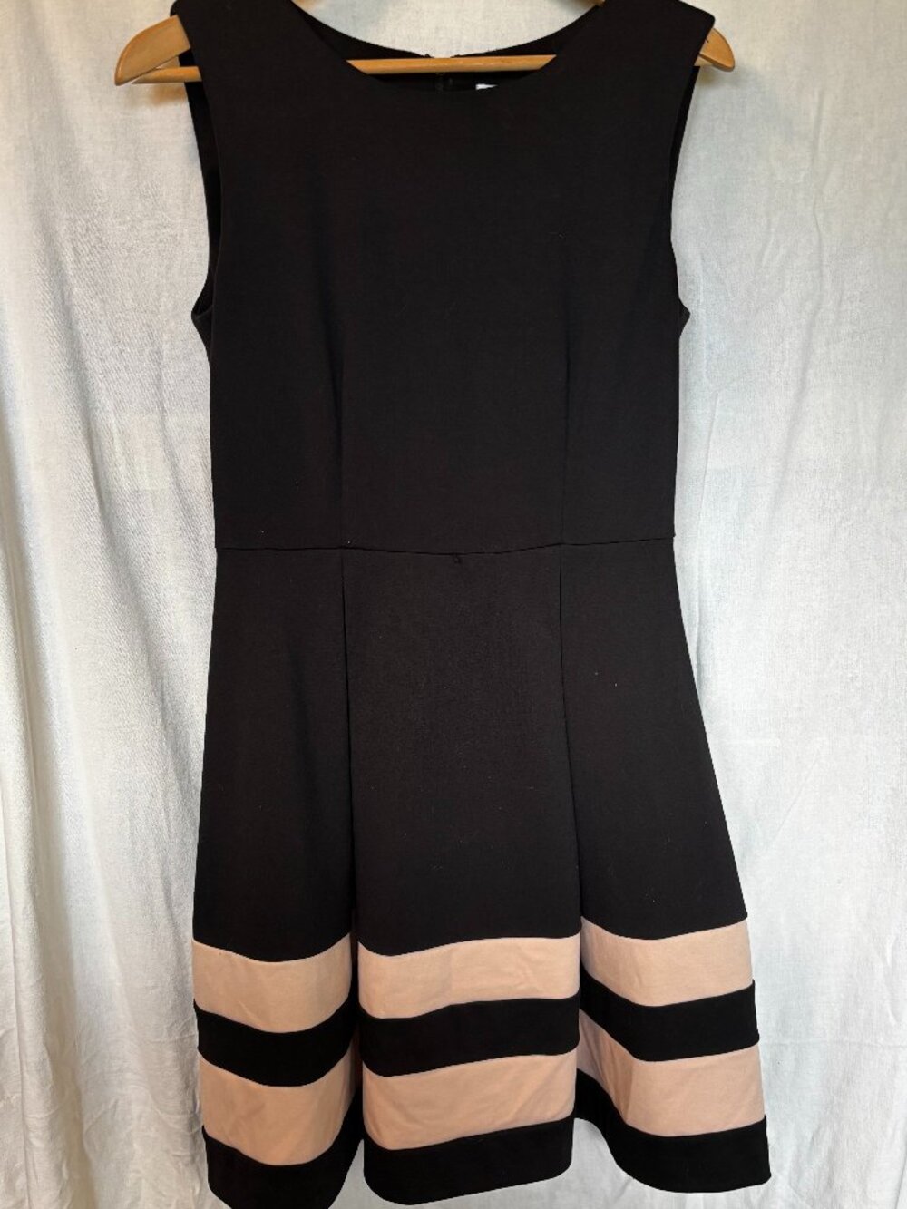 Black Fit-and-Flare Dress with Light Pink Stripe Hem